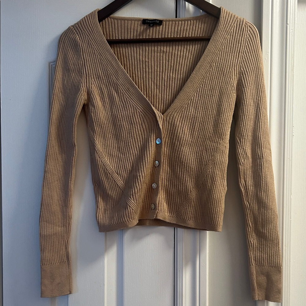 Dynamite Ribbed V-Neck Button-Up Cardigan Sweater - Beige/Tan